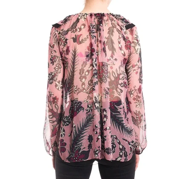 CHLOE Ruffled Cactus-Print Silk Blouse, Pink/Burgandy - Picture 6 of 12